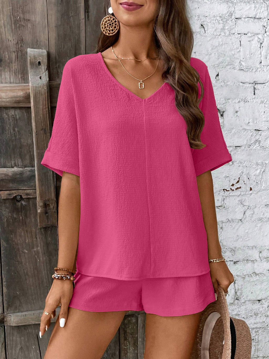 Short Sleeved Collar Bat Sleeve Shirt And Shorts Set