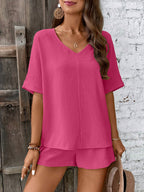 Short Sleeved Collar Bat Sleeve Shirt And Shorts Set