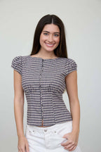 PLAID BUTTON DOWN PUFF SLEEVE CONTOURED WAIST TOP