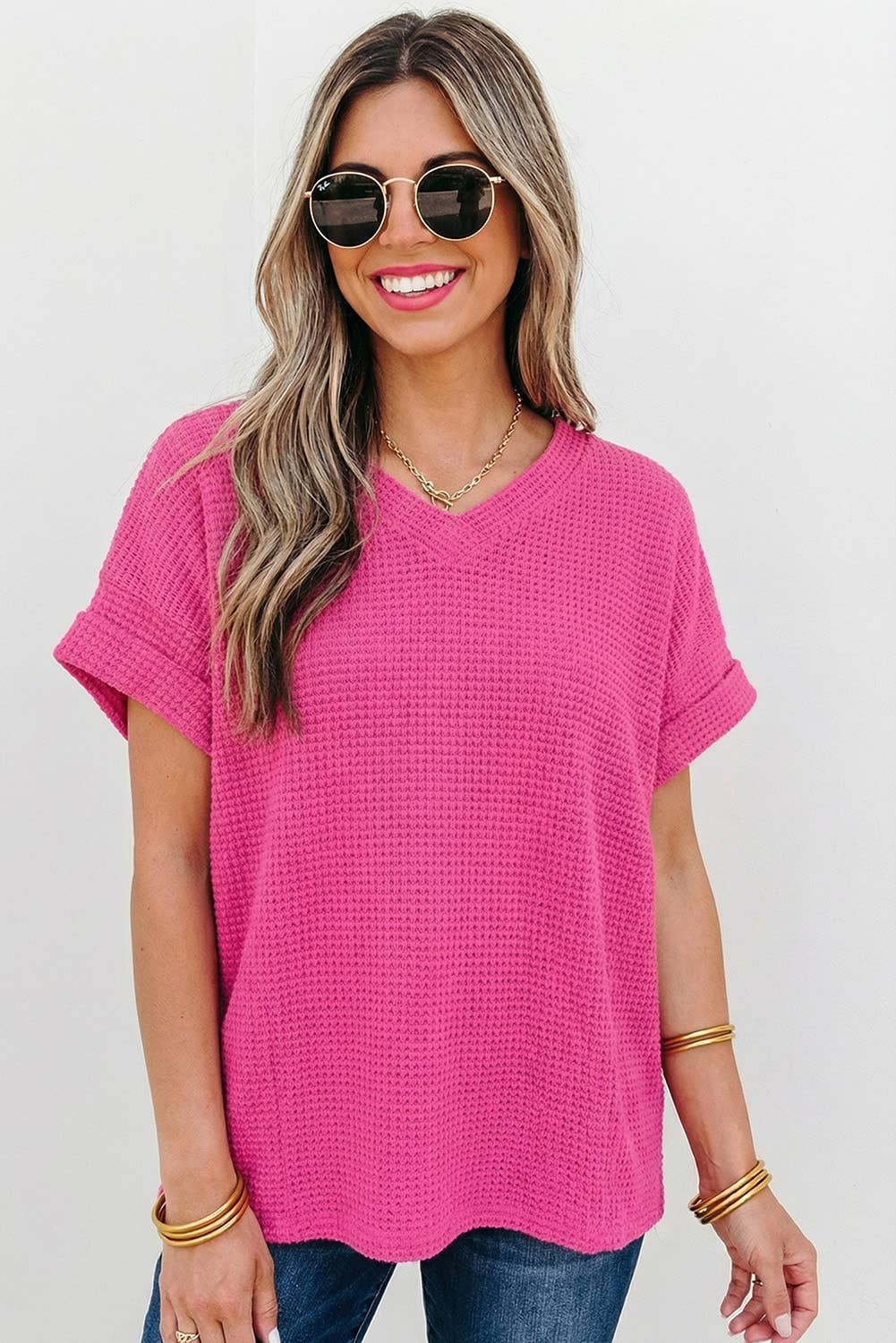 Waffle Texture V Neck Short Sleeve Knit Top | S-XL