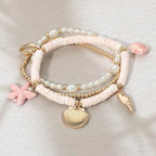 3PCS - Starfish Sea Shell Charm Heishi Pearl Beaded Stretch Multi Layered Bracelets