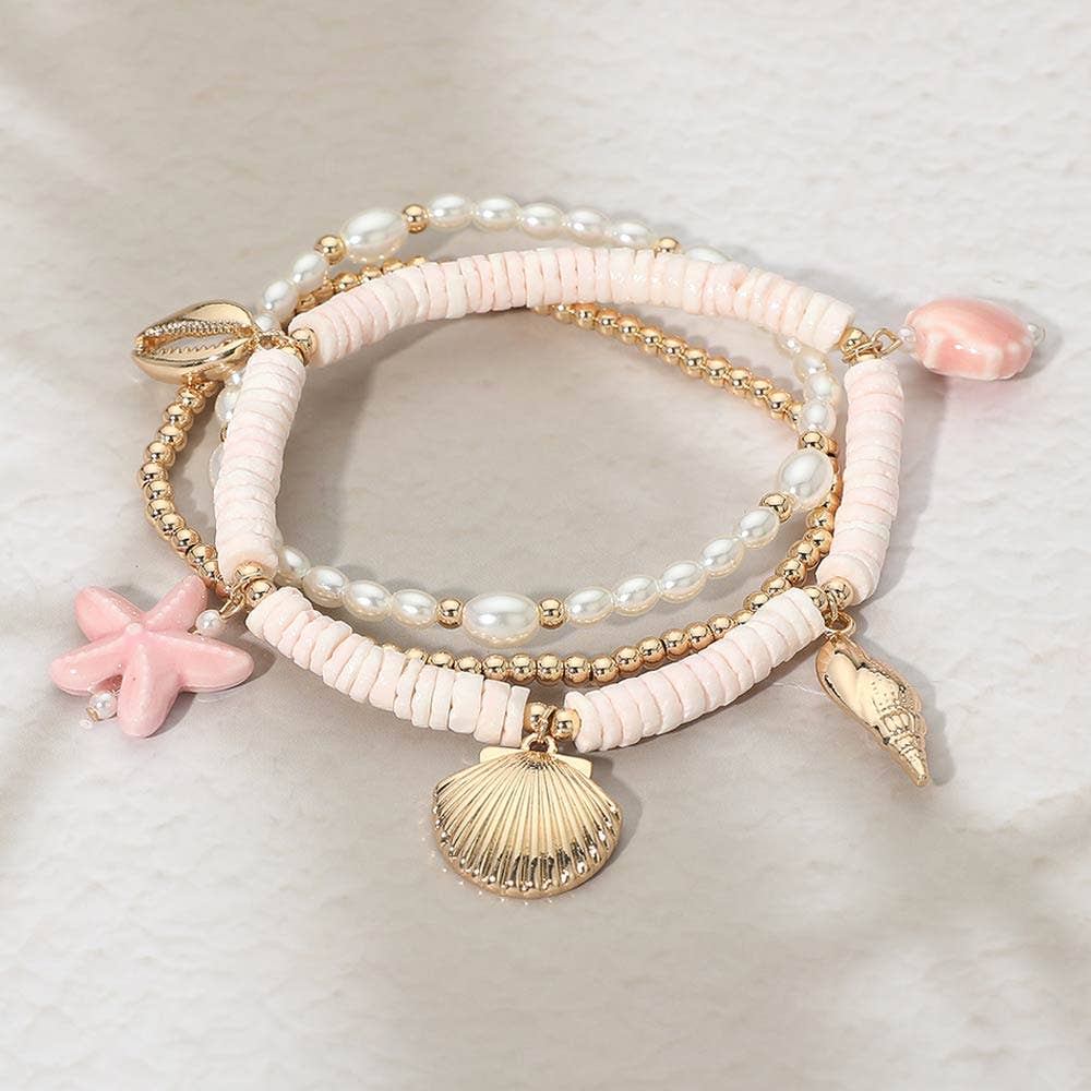 3PCS - Starfish Sea Shell Charm Heishi Pearl Beaded Stretch Multi Layered Bracelets