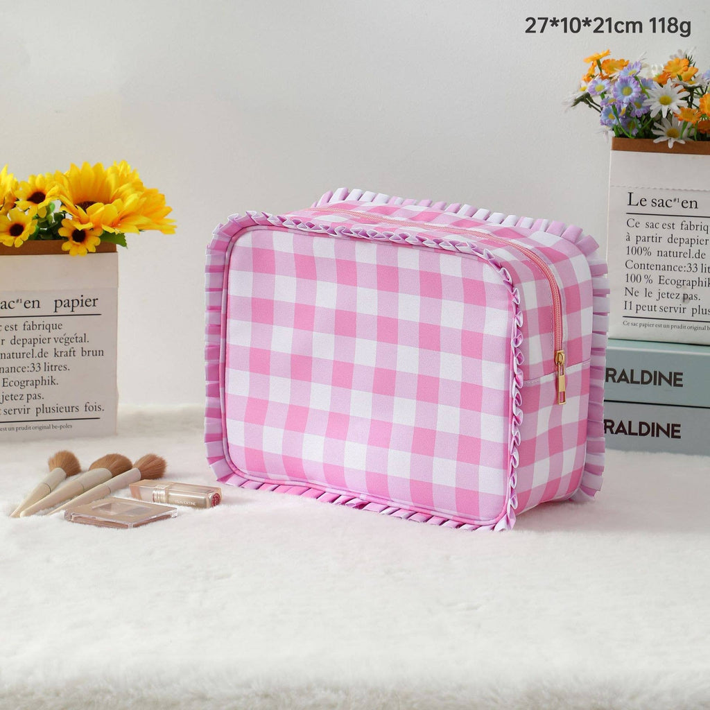 RUFFLE CHECKER STRIPE COSMETIC TRAVEL POUCH BAG | 40P608