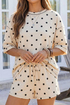 Seam Detail Polka Dot Loose Tee Drawstring Shorts Set
