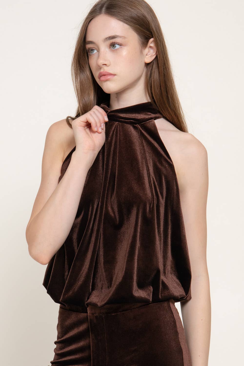 Halter Neck Shirred Hem with Inner Elastic Velvet Top