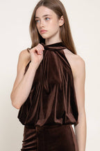 Halter Neck Shirred Hem with Inner Elastic Velvet Top