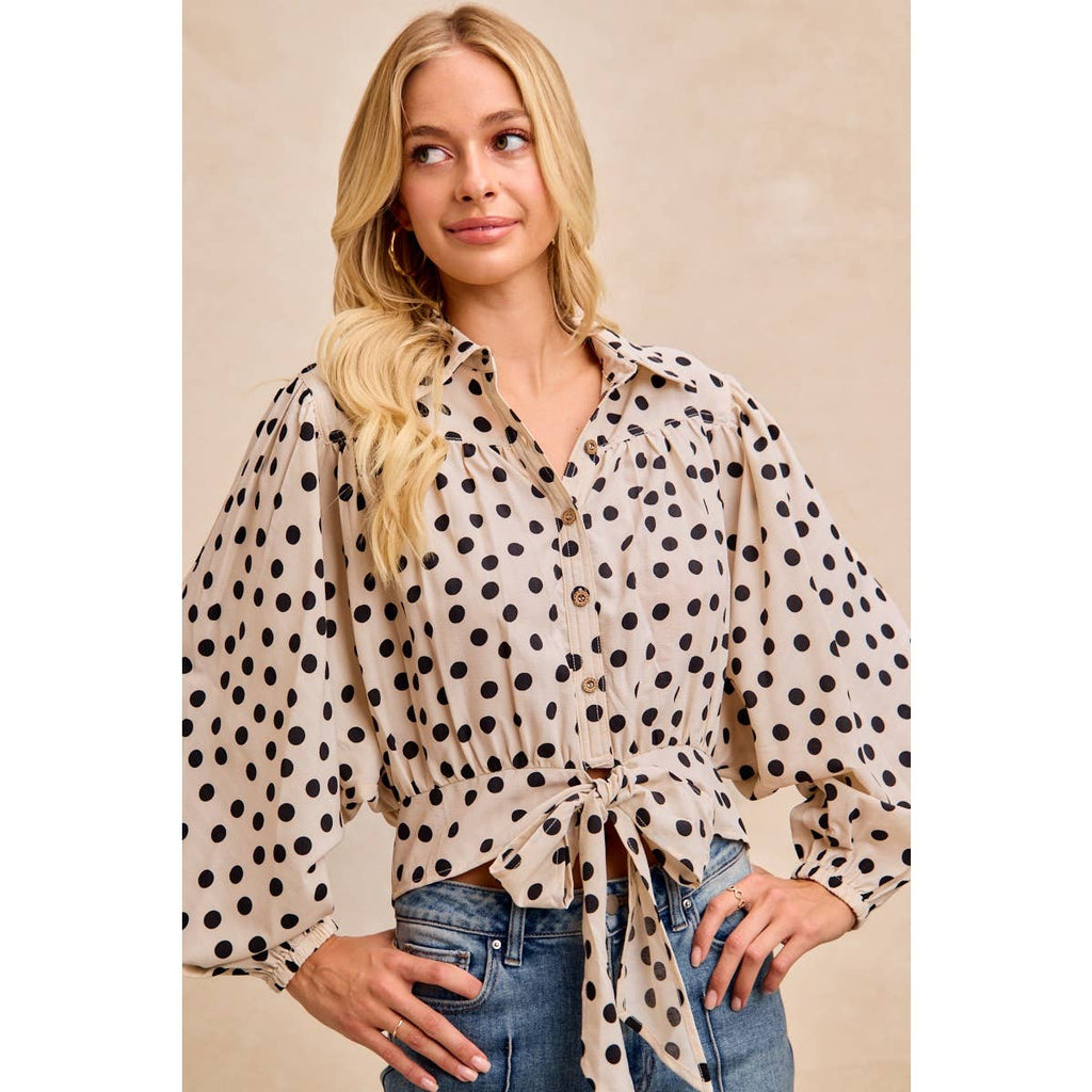 POLKA DOT PRINT TIE HEM DETAIL CROP BLOUSE TOP