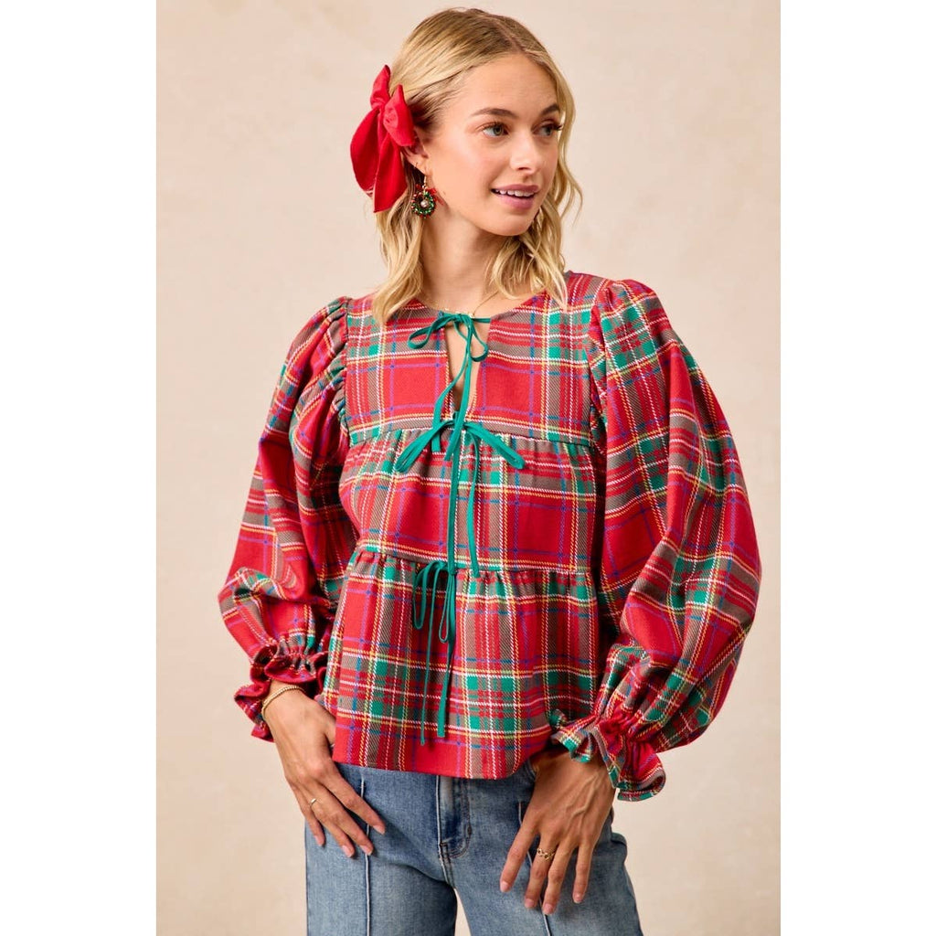 CHRISTMAS PLAID TOP WITH FRONT BOW TIED DETAILS