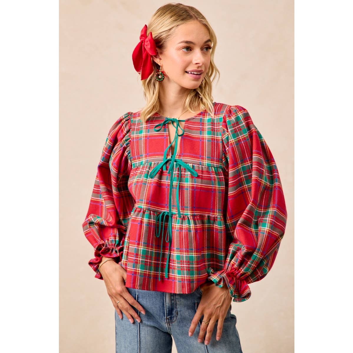 CHRISTMAS PLAID TOP WITH FRONT BOW TIED DETAILS