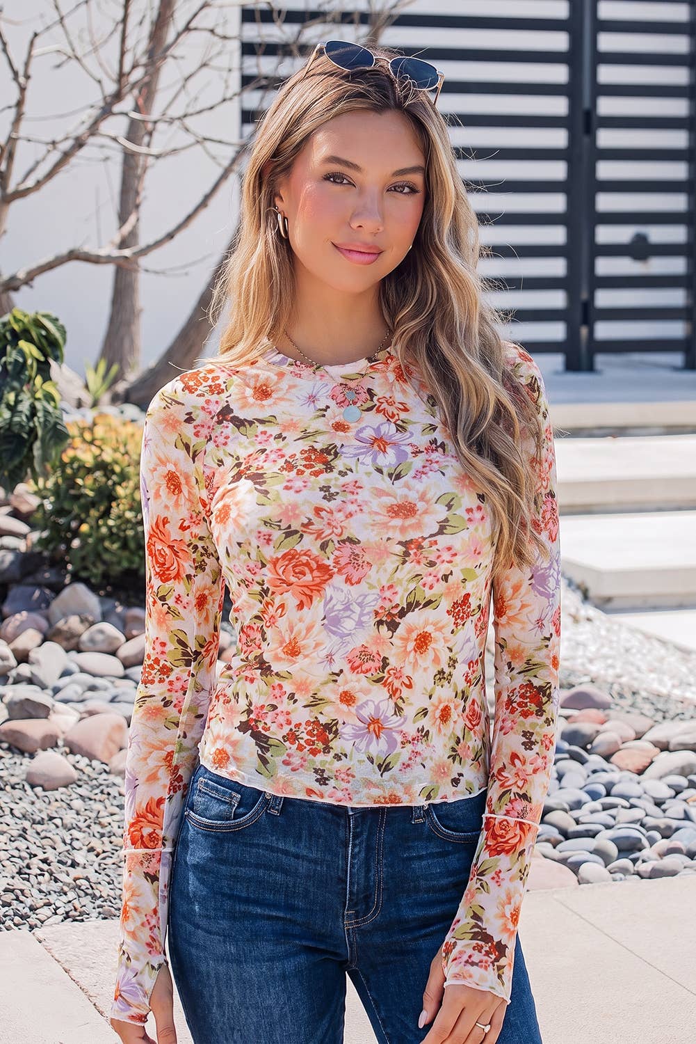 Floral Print Mesh Long Sleeve Round Neck Casual Pullover