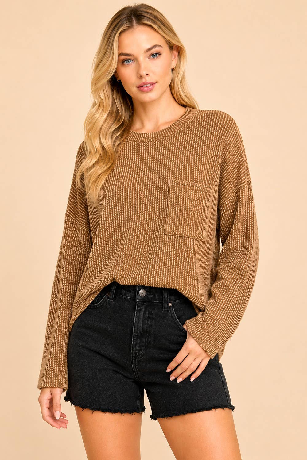 Solid Ribbed Top With Pockets