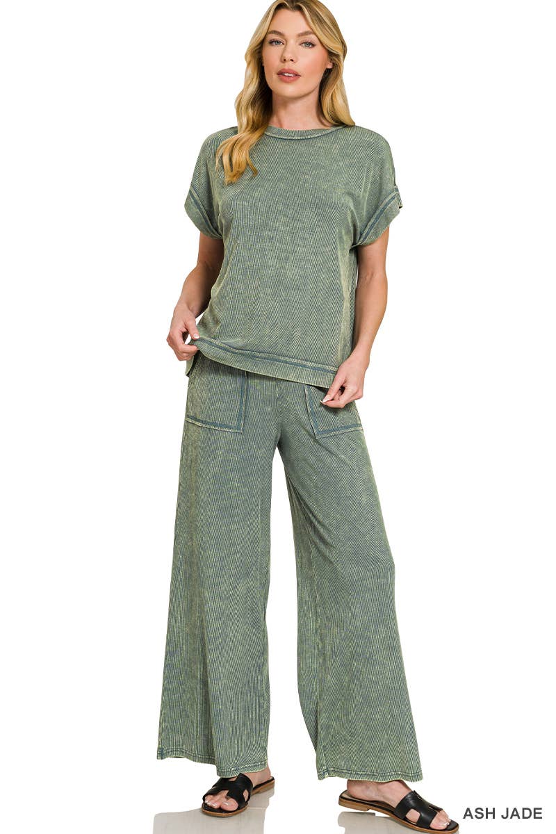 Ribbed Acid Wash Rayon Top & Pants