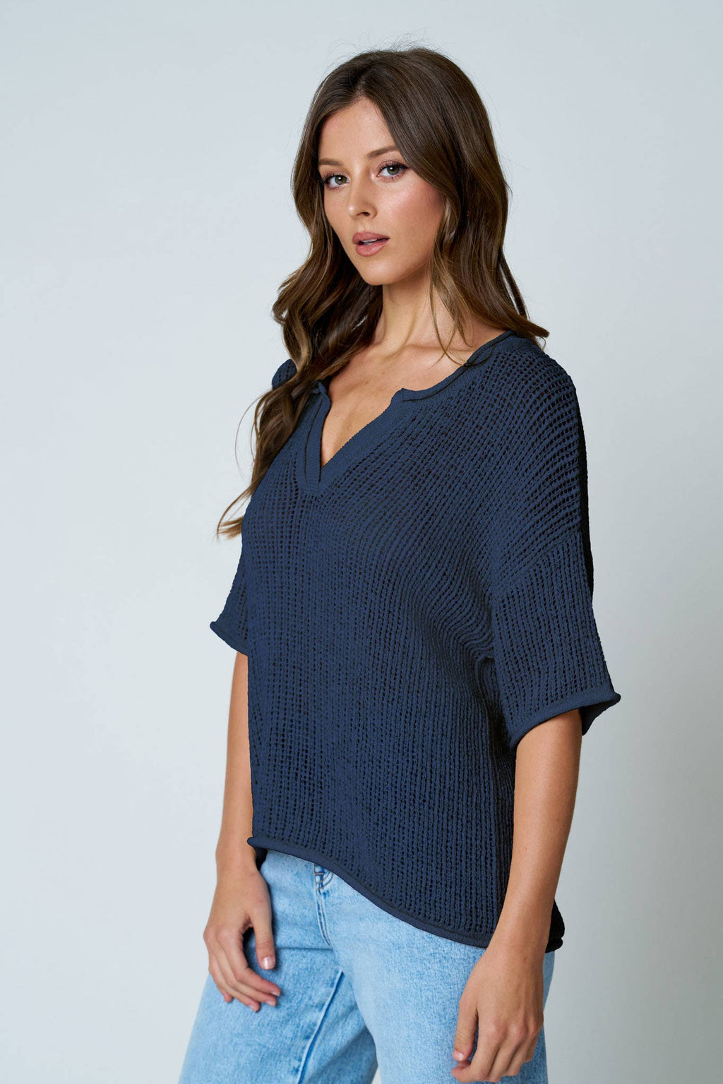 SPLIT NECK SHORT SLEEVE SHEER CROCHET KNIT TOP (PRE-ORDER)