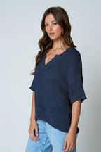SPLIT NECK SHORT SLEEVE SHEER CROCHET KNIT TOP (PRE-ORDER)