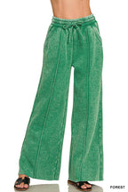 Acid Washed Fleece Pintuck Wide Leg Pants w/ Pockets