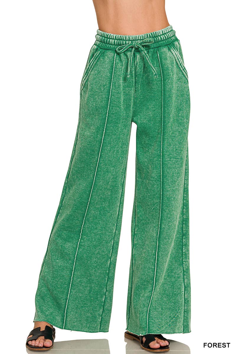 Acid Washed Fleece Pintuck Wide Leg Pants w/ Pockets