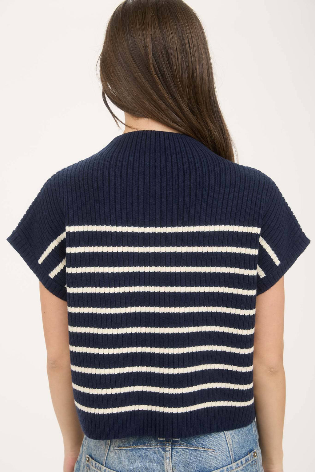 STRIPE MOCK NECK SHORT SLEEVE KNIT SWEATER