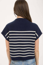 STRIPE MOCK NECK SHORT SLEEVE KNIT SWEATER