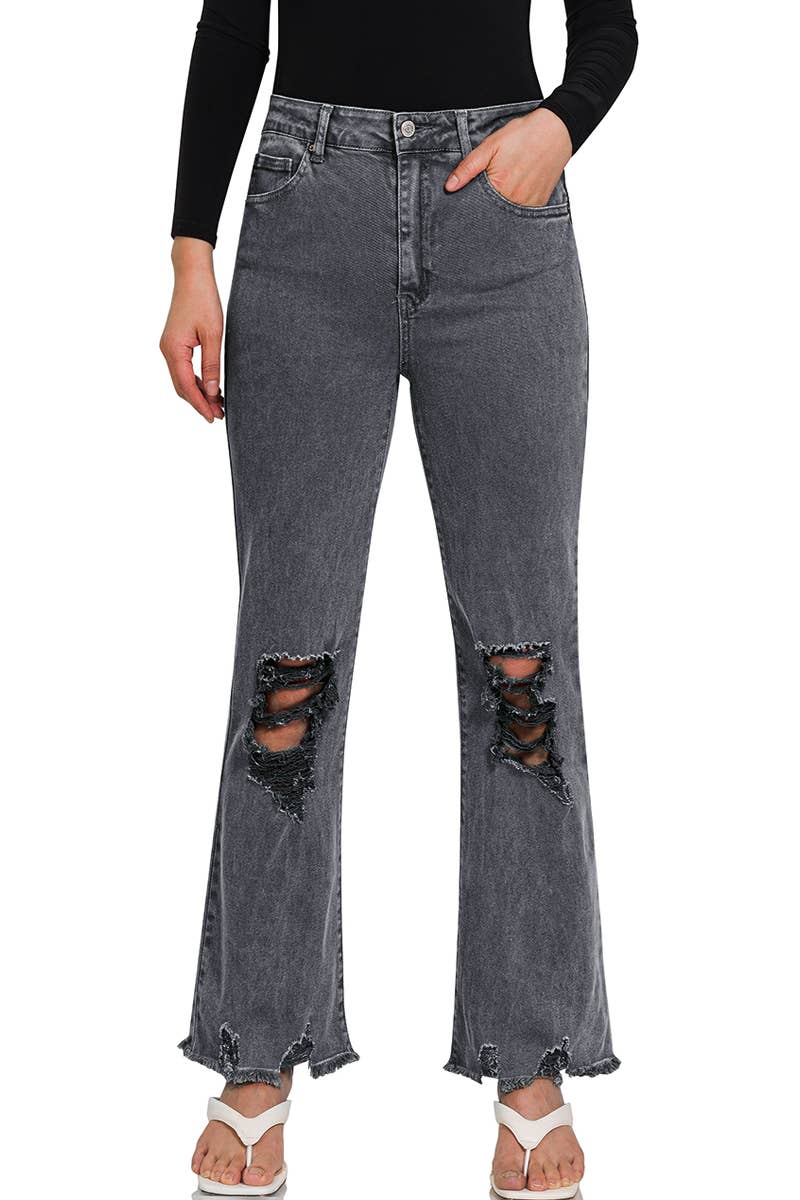 `Acid Wash High Waist Distressed Straight Leg Pants