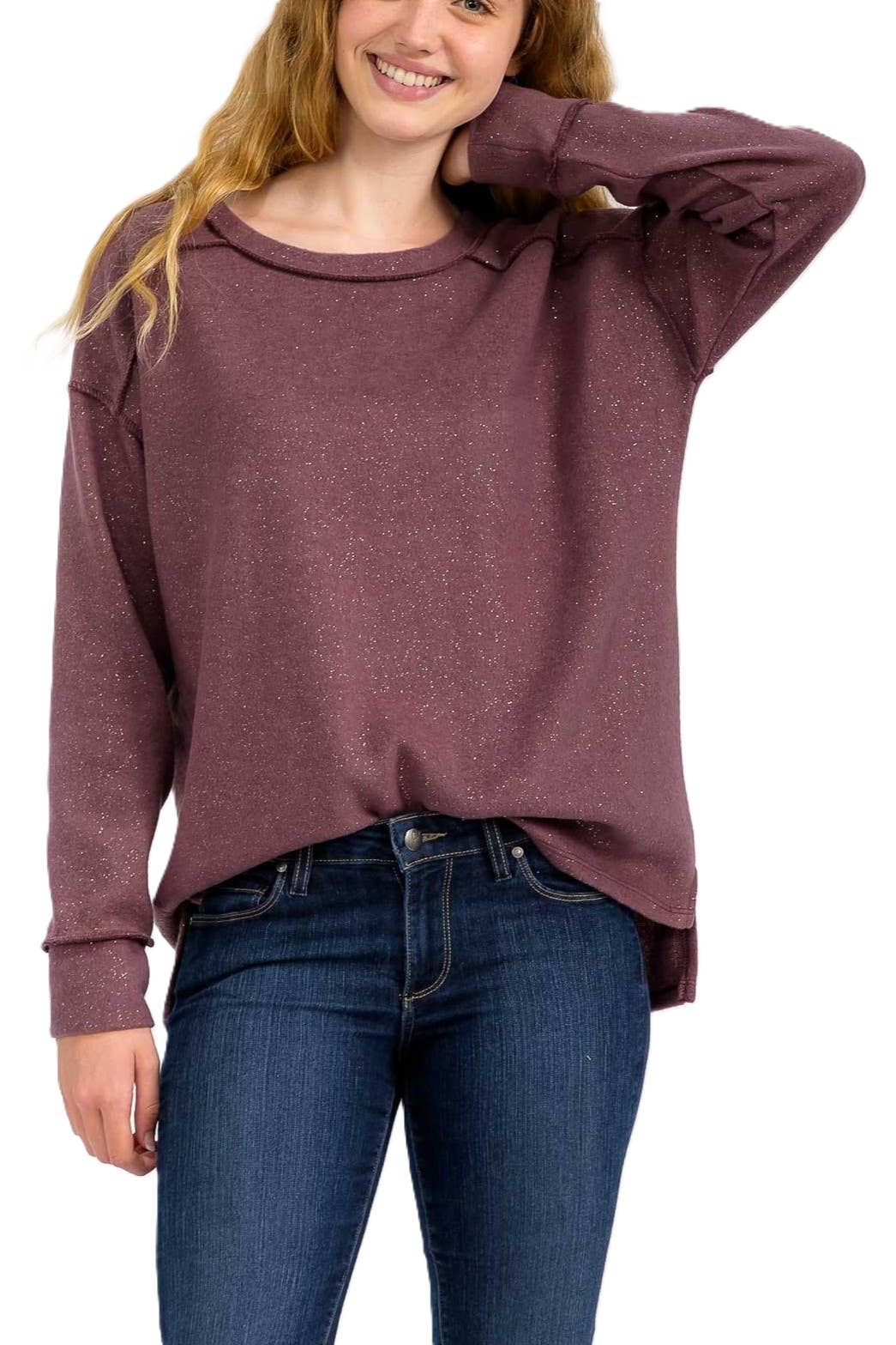 Soft Brushed Metallic Glitter Accents Pullover Top