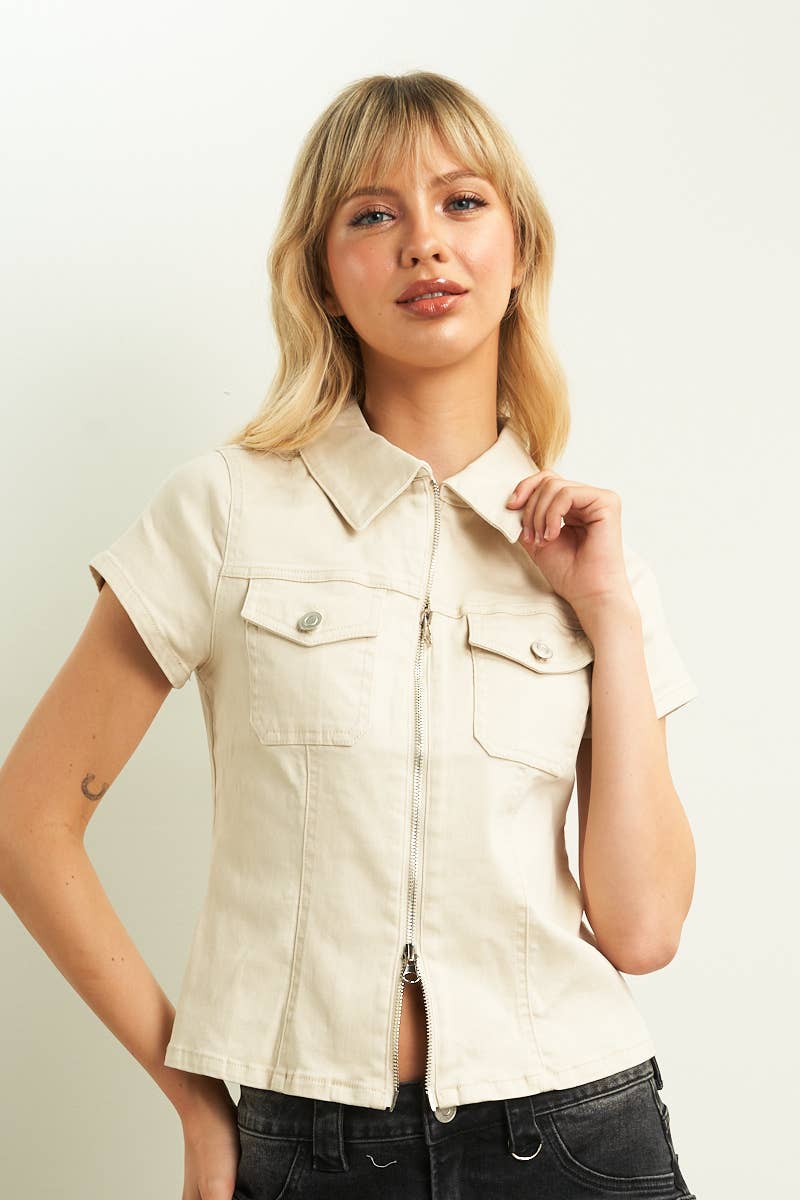 11221S-2WAY OPEN ZIPPER FITTED COLOR DENIM SHIRTS