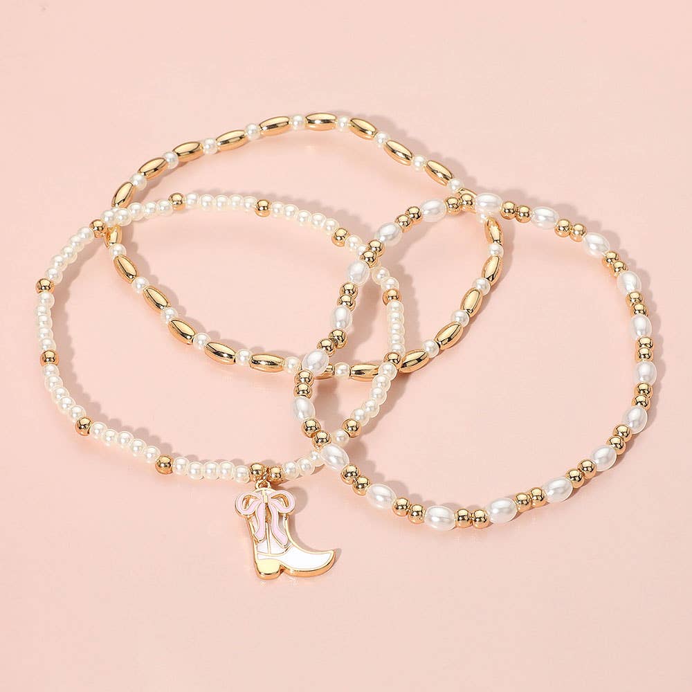 3PCS - Enamel Bow Cowboy Boot Pearl Beaded Multi Layered Bracelet