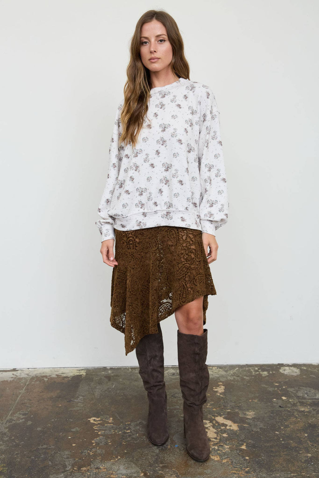 FLORAL DOT PRINT LONG SLEEVE TEXTURED KNIT TOP