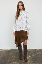 FLORAL DOT PRINT LONG SLEEVE TEXTURED KNIT TOP