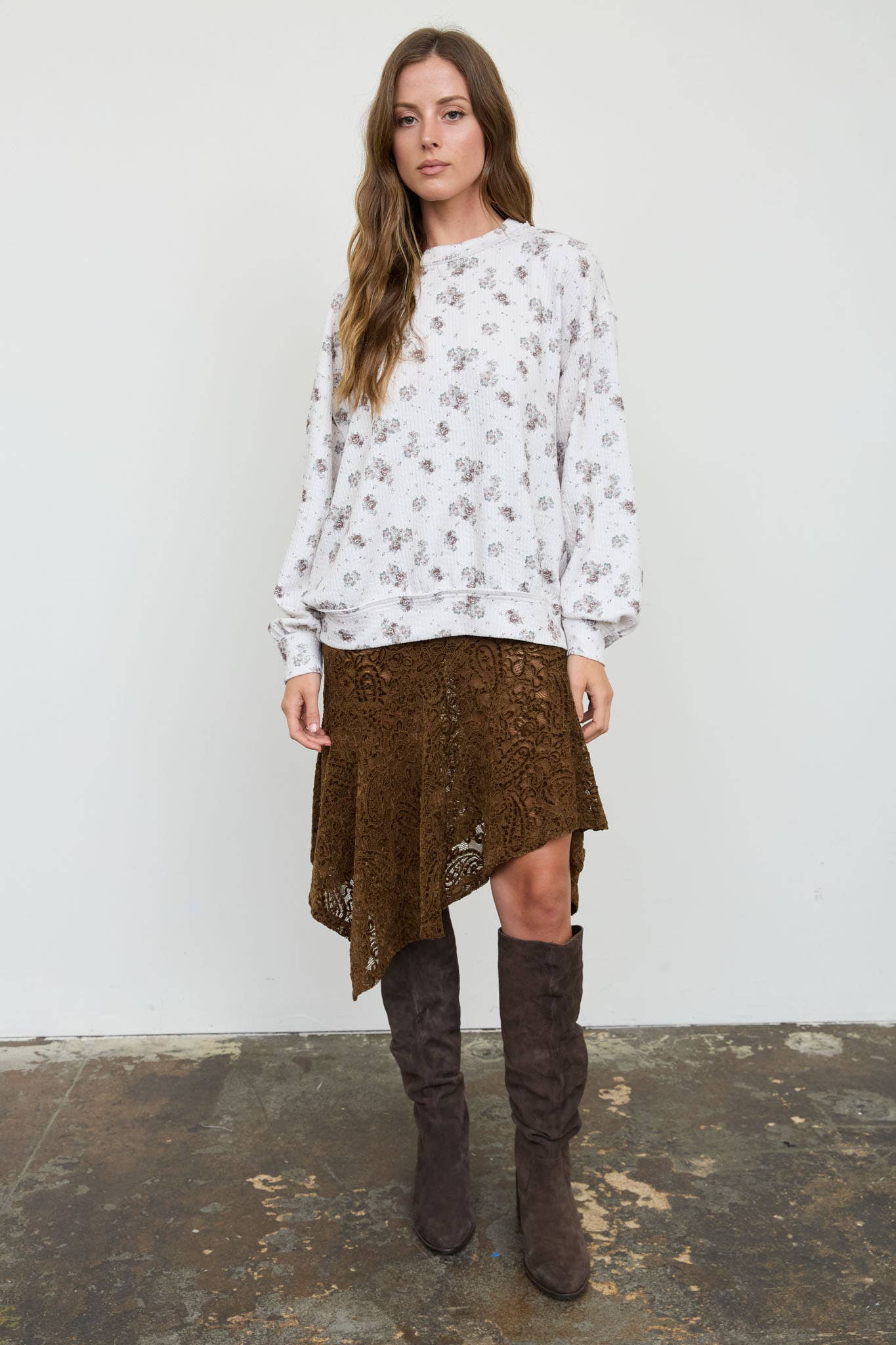FLORAL DOT PRINT LONG SLEEVE TEXTURED KNIT TOP
