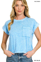 Halo Snow Washed Cotton Cuffed Short Sleeve Top - Zenana