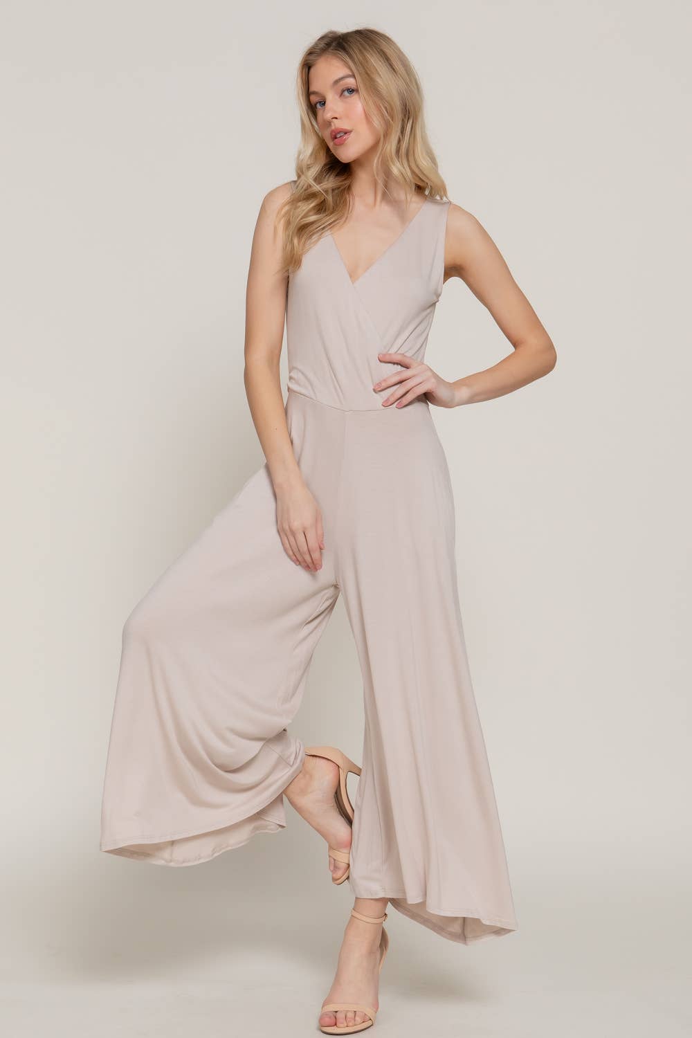 Sleeveless Double V-Neck Surplice Knit Jumpsuit