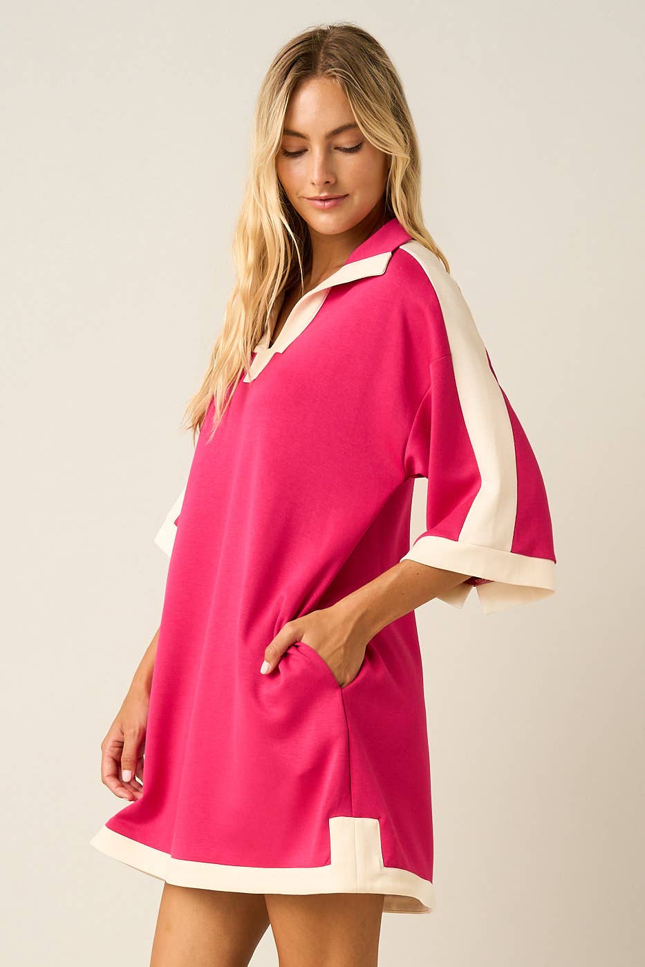 CLOUD KNIT CONTRAST STRIPE POLO MINI SHIRT DRESS