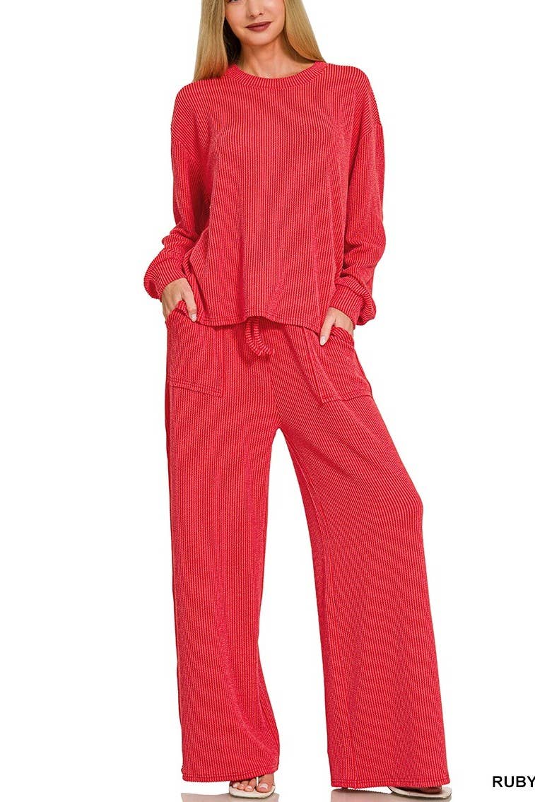Raised Rib Round Neck Pullover And Pants Set