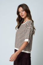 STRIPE CONTRAST TRIM SHORT SLEEVE KNIT SWEATER