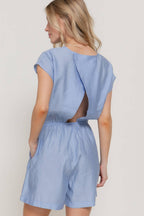 Short Sleeve Back Button Closure Detail Woven Romper