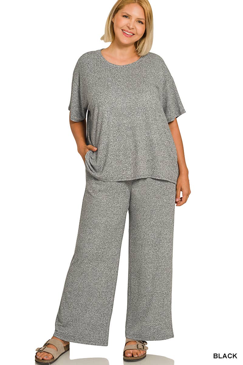 Plus Soft Melange Short Sleeve Tee & Long Pants Set - Zenana