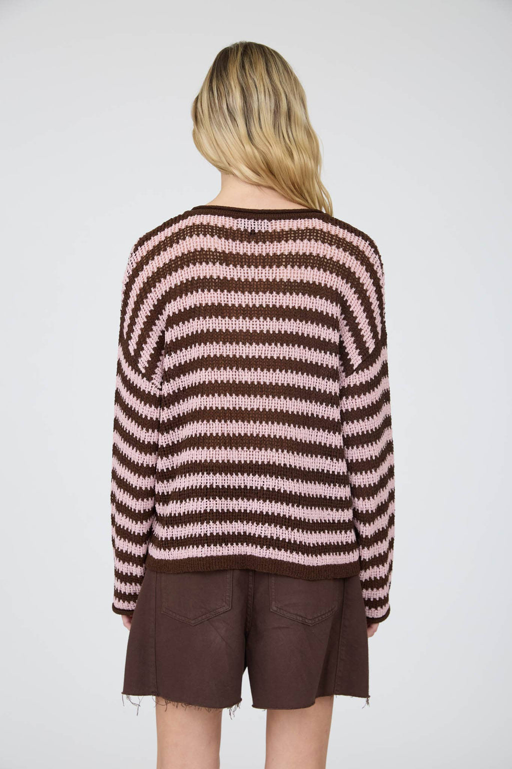 STRIPE RAW EDGE SPLIT NECK SHEER KNIT SWEATER