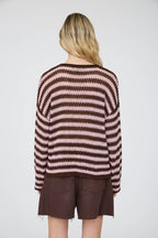 STRIPE RAW EDGE SPLIT NECK SHEER KNIT SWEATER