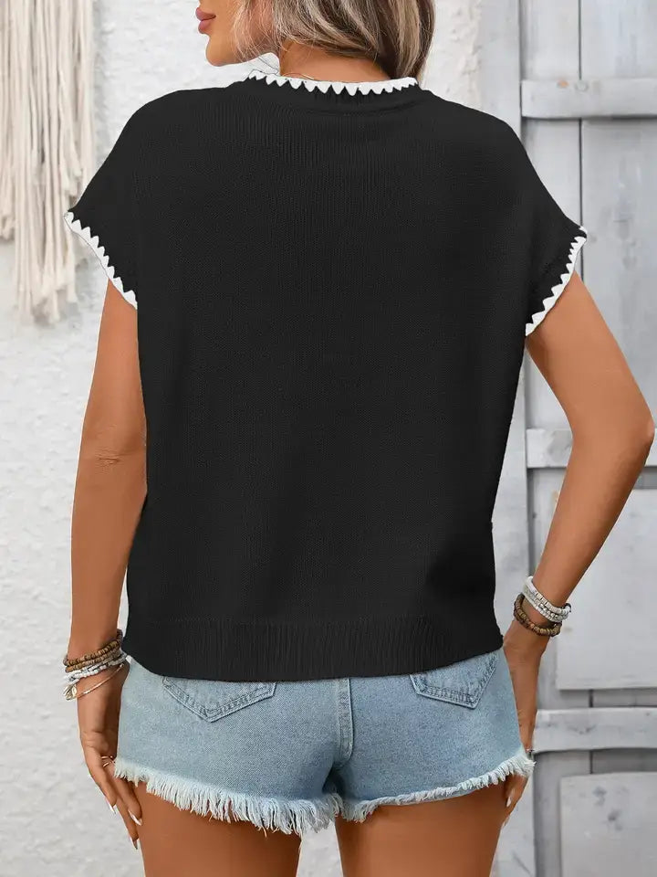 Knit Contrast Trim Short Sleeve Tee Casual Top