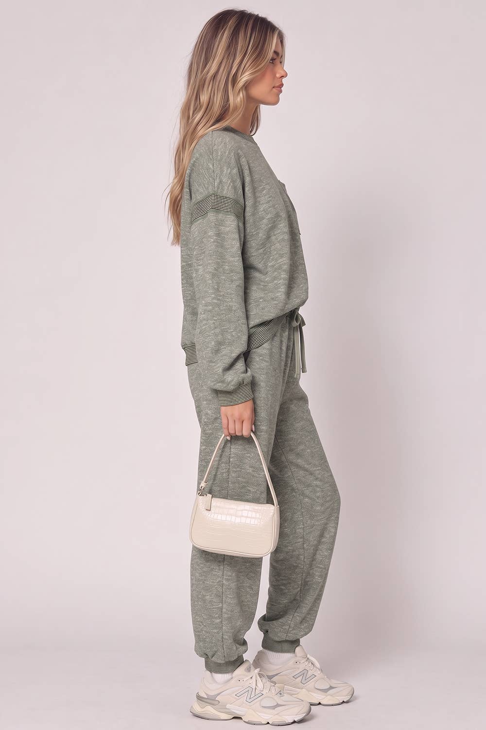 NT12845SET-Contrast Rib Trim Heathered Knit Lounge Set