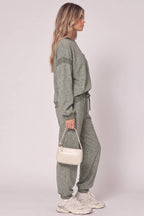 NT12845SET-Contrast Rib Trim Heathered Knit Lounge Set