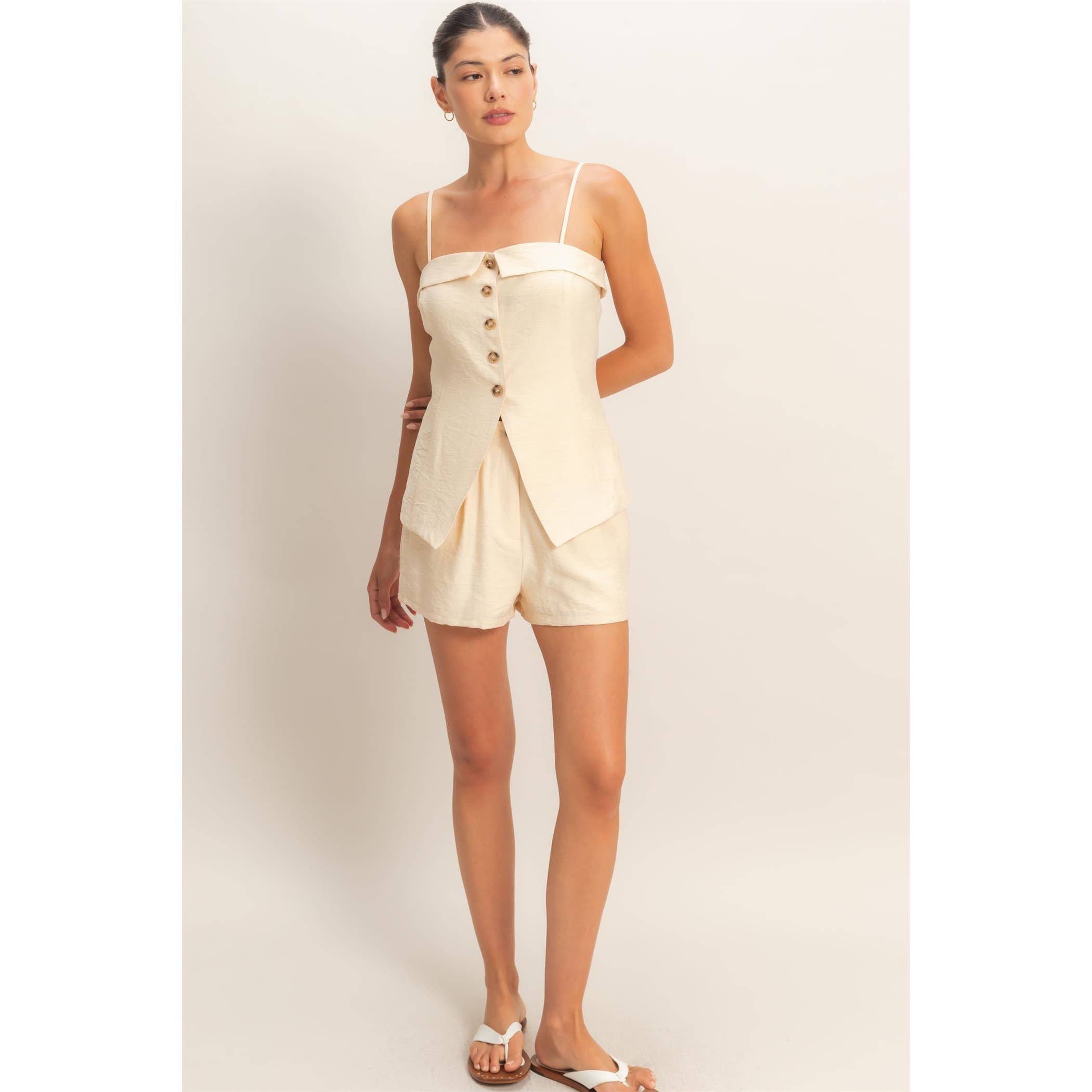 Strap Buttoned Top And Shorts Set
