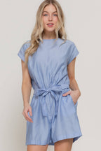 Short Sleeve Back Button Closure Detail Woven Romper