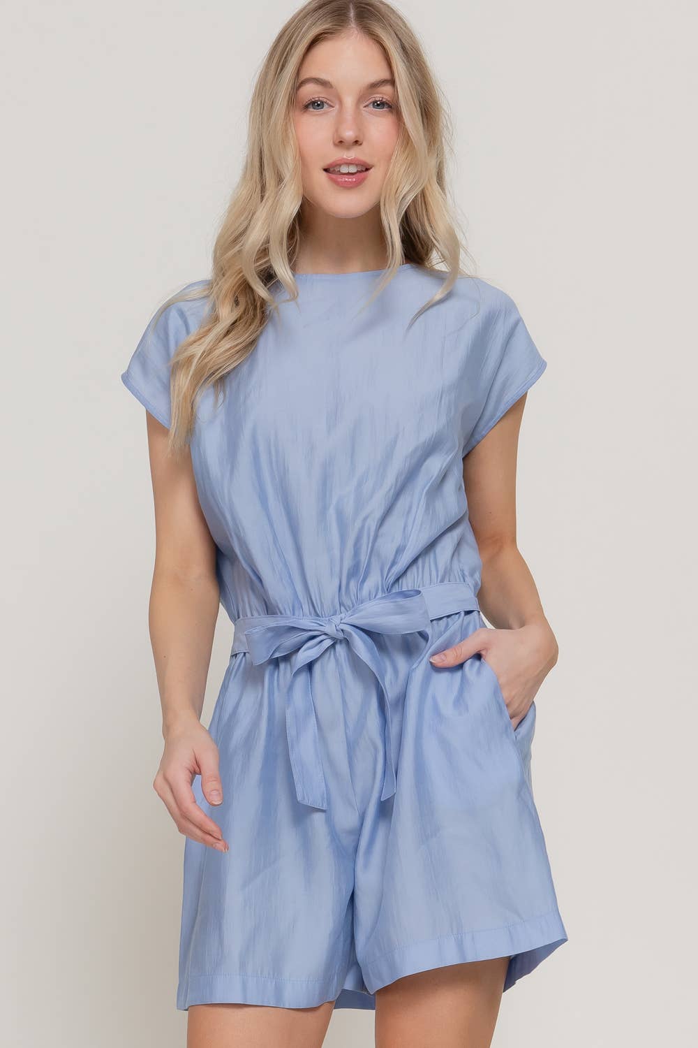 Short Sleeve Back Button Closure Detail Woven Romper
