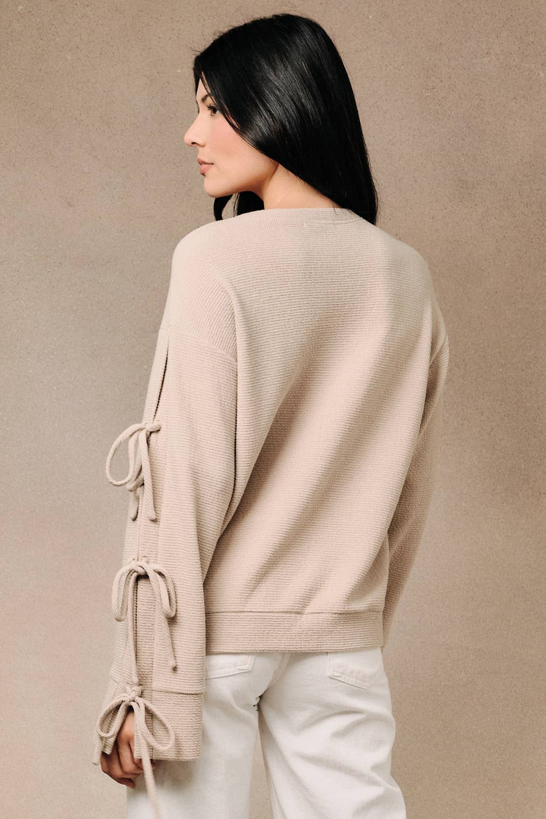 Ribbed Long Sleeve Side Tie Detail Knit Pullover