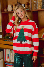 CHRISTMAS STRIPE AND TREE APPLIQUE KNIT TOP