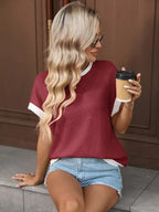 Contrast Trim Ribbed Short Sleeve Knit Top for Women