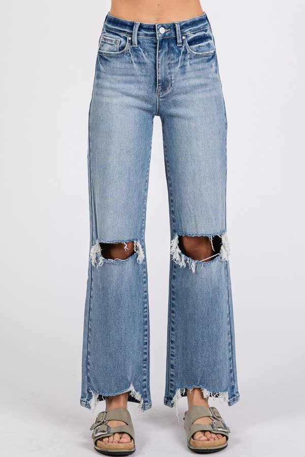 P1371W-MD HIGH RISE STRETCH SLIM WIDE LEG W/ DESTROYED HEM