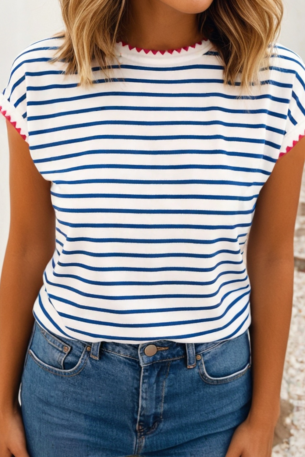 LDC Stripe Contrast Trim Round Neck Cap Sleeve Tee