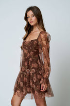 FLORAL CHIFFON LONG SLEEVE CORSET MINI DRESS